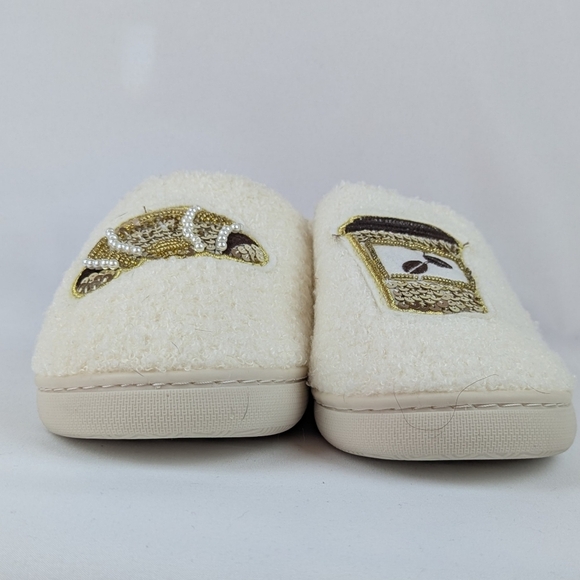 Slippers & Headband Coffee Croissant Sherpa Embroidery Sequins Ivory M (7/8) NWT - Picture 7 of 16